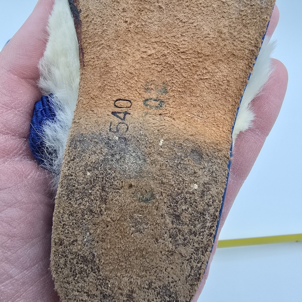 Vtg Antique Children Girls Shoes Blue Satin Fur Classy Formal Sandals - Picture 6 of 8
